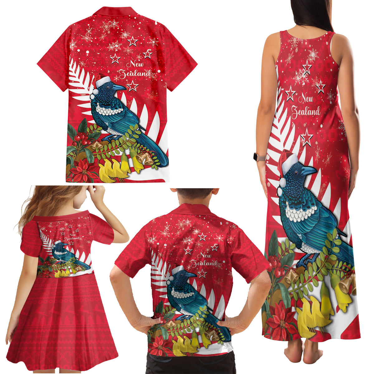 New Zealand Christmas In July Family Matching Tank Maxi Dress and Hawaiian Shirt Tui Bird With Kowhai Meri Kirihimete LT14 - Polynesian Pride