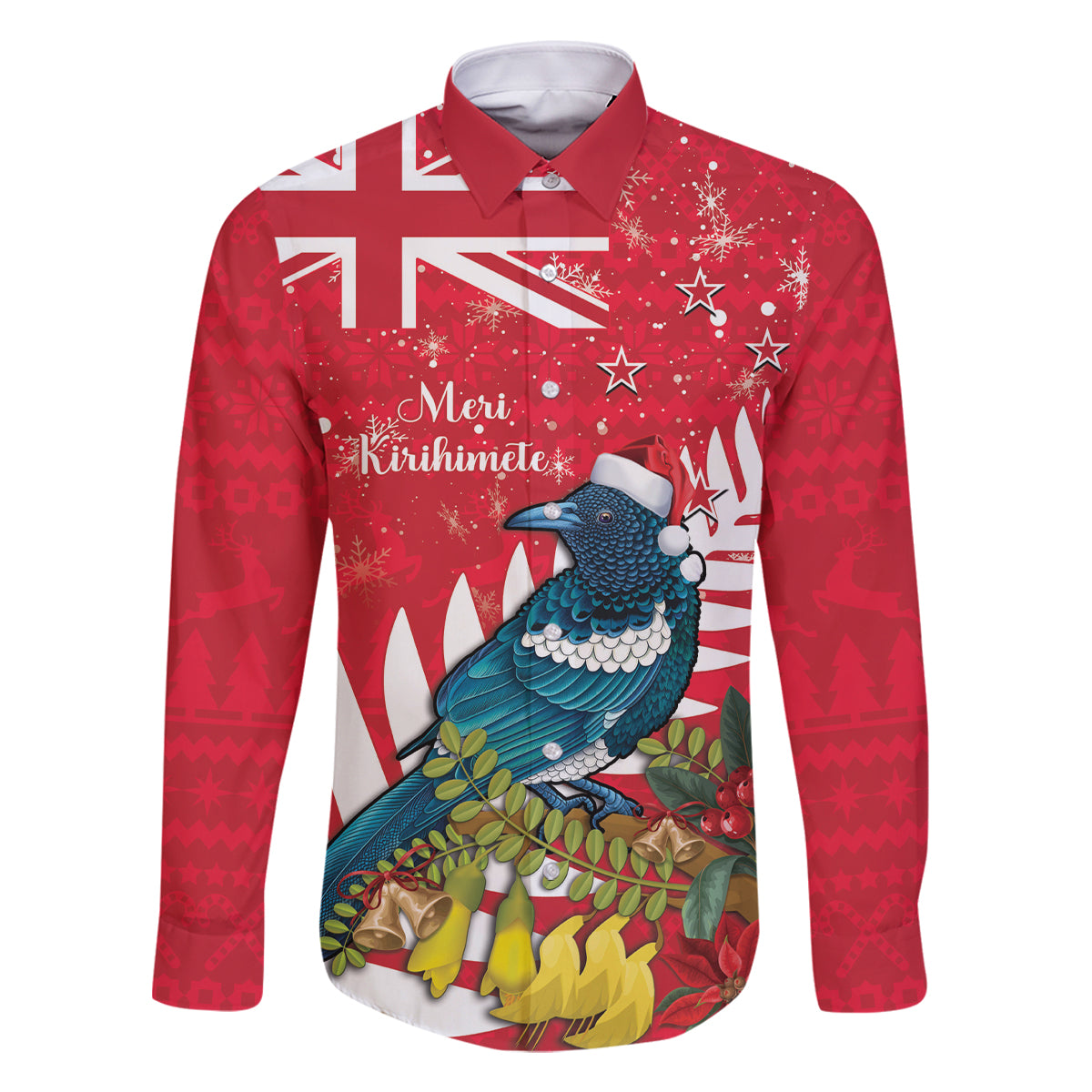 New Zealand Christmas In July Family Matching Tank Maxi Dress and Hawaiian Shirt Tui Bird With Kowhai Meri Kirihimete LT14 Dad's Shirt - Long Sleeve Red - Polynesian Pride