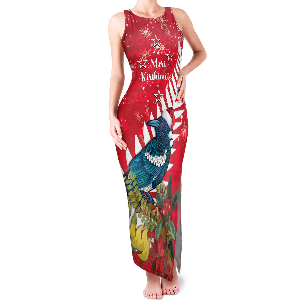 New Zealand Christmas In July Family Matching Tank Maxi Dress and Hawaiian Shirt Tui Bird With Kowhai Meri Kirihimete LT14 Mom's Dress Red - Polynesian Pride