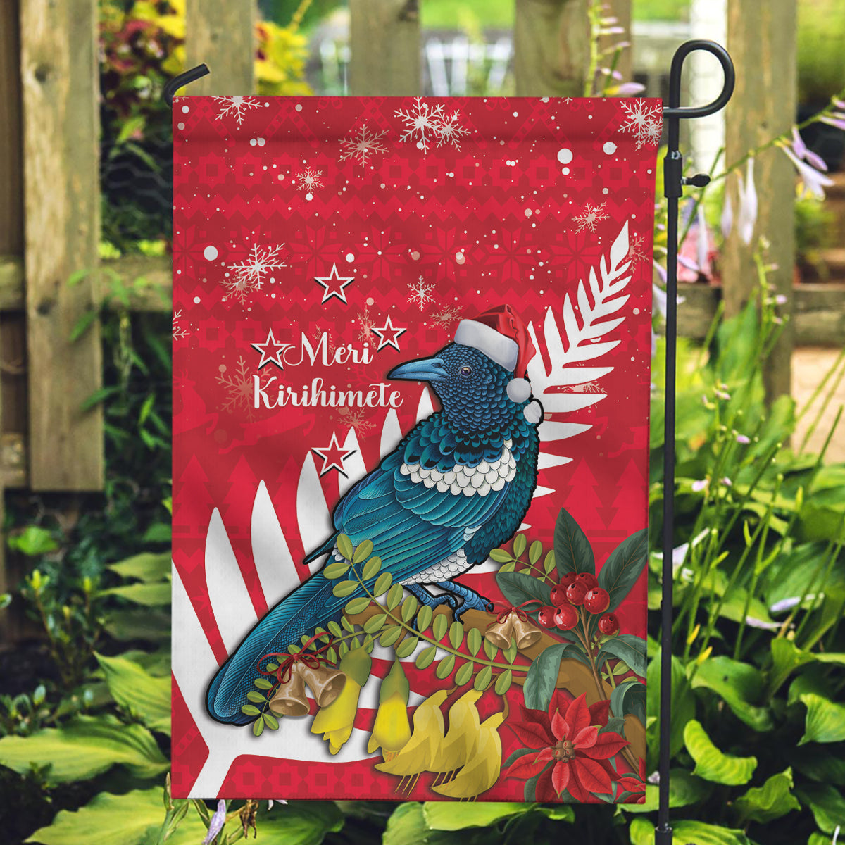 New Zealand Christmas In July Garden Flag Tui Bird With Kowhai Meri Kirihimete LT14 Garden Flag Red - Polynesian Pride