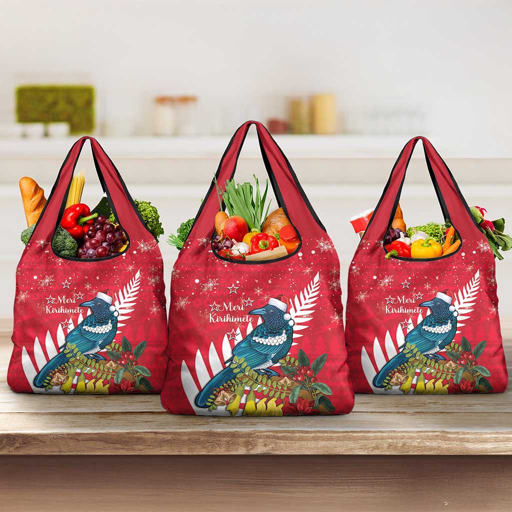 New Zealand Christmas In July Grocery Bag Tui Bird With Kowhai Meri Kirihimete LT14 3-pack One Size Red - Polynesian Pride