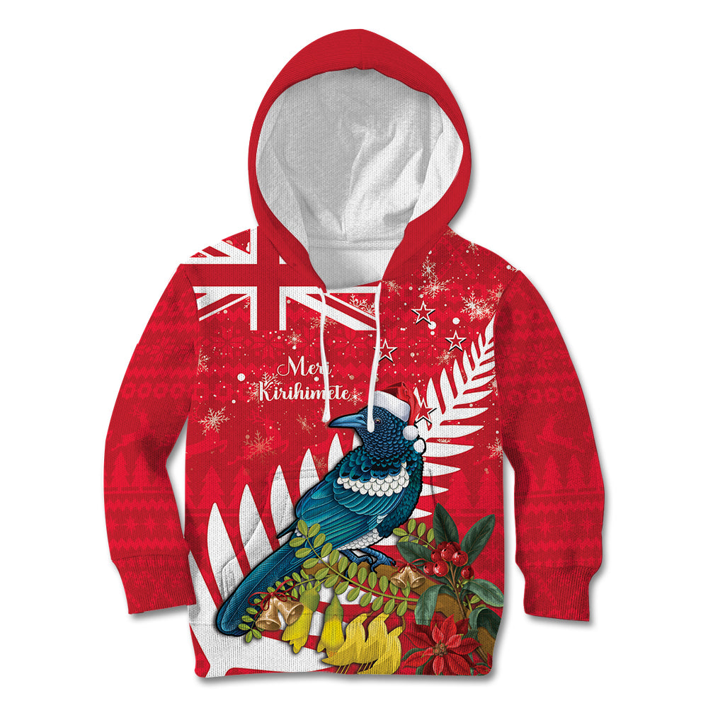 New Zealand Christmas In July Kid Hoodie Tui Bird With Kowhai Meri Kirihimete LT14 Hoodie Red - Polynesian Pride