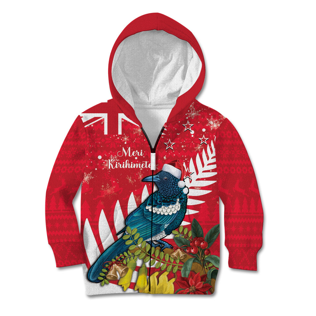 New Zealand Christmas In July Kid Hoodie Tui Bird With Kowhai Meri Kirihimete LT14 Zip Hoodie Red - Polynesian Pride