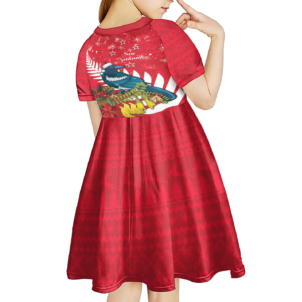 New Zealand Christmas In July Kid Short Sleeve Dress Tui Bird With Kowhai Meri Kirihimete LT14 - Polynesian Pride