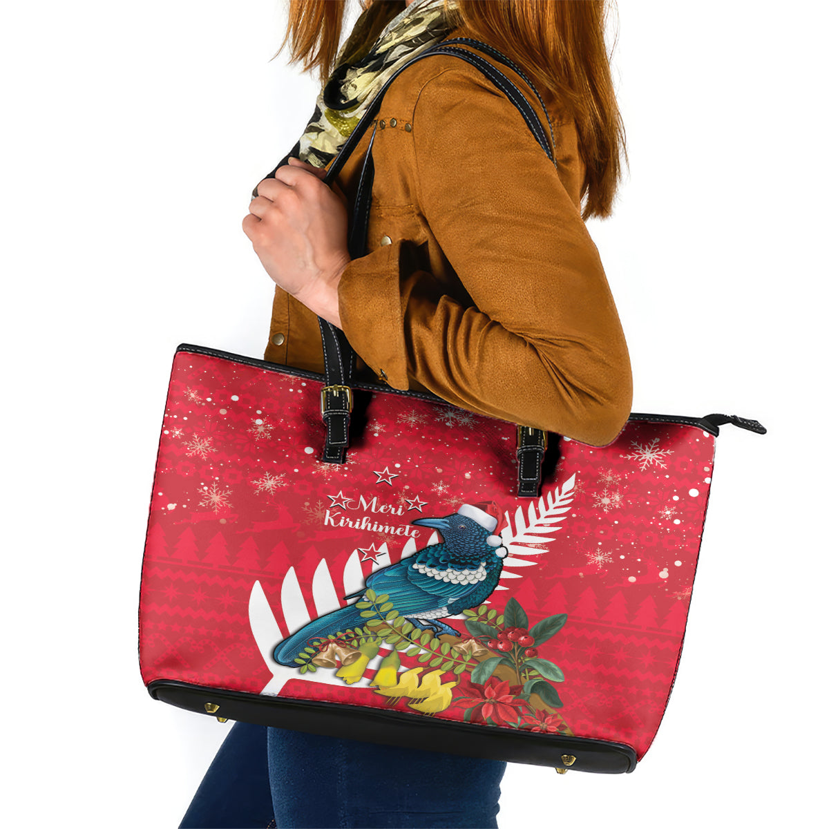 New Zealand Christmas In July Leather Tote Bag Tui Bird With Kowhai Meri Kirihimete LT14 Red - Polynesian Pride