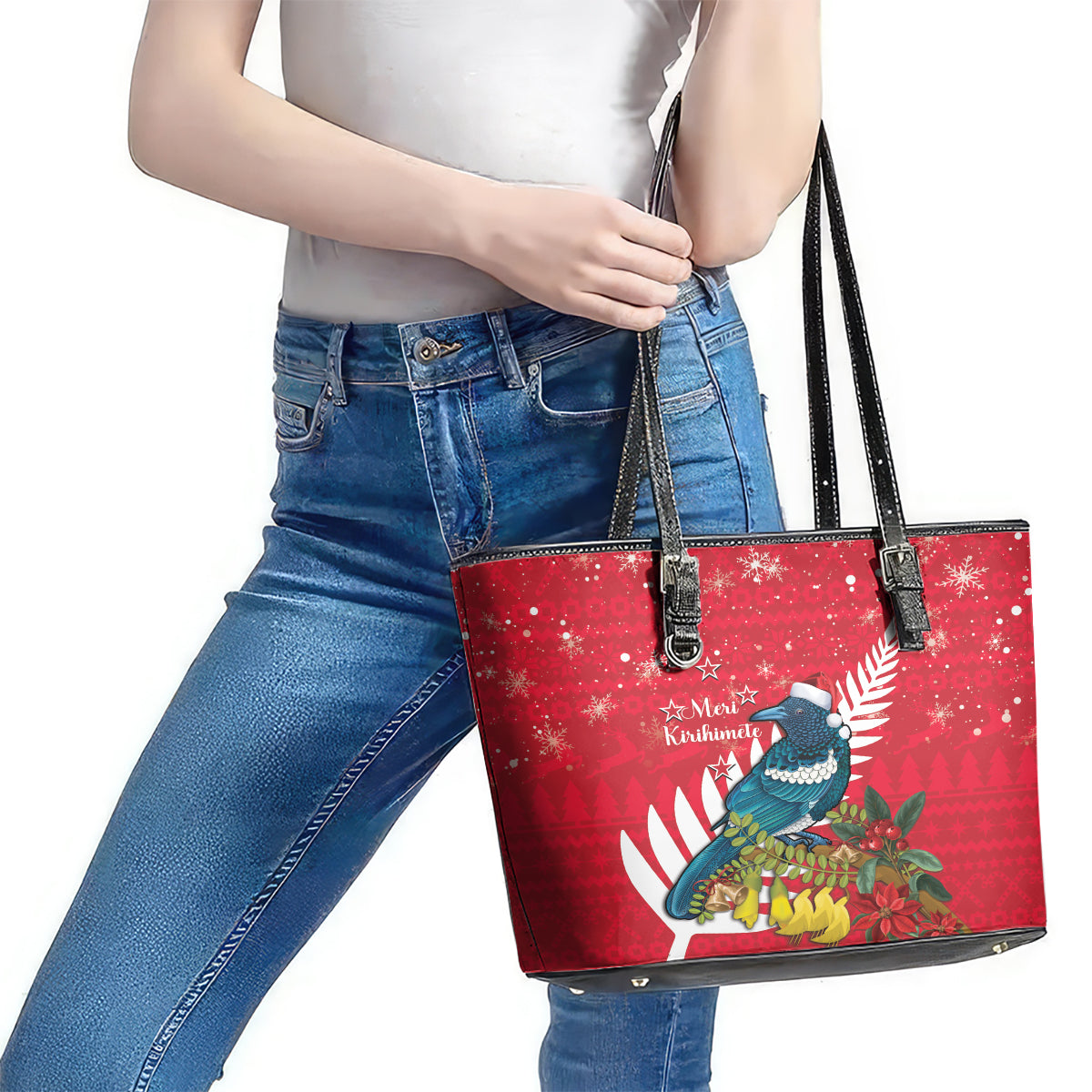 New Zealand Christmas In July Leather Tote Bag Tui Bird With Kowhai Meri Kirihimete LT14 - Polynesian Pride