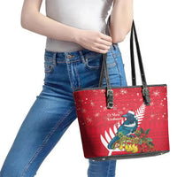 New Zealand Christmas In July Leather Tote Bag Tui Bird With Kowhai Meri Kirihimete LT14 - Polynesian Pride
