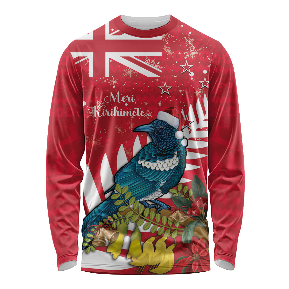 New Zealand Christmas In July Long Sleeve Shirt Tui Bird With Kowhai Meri Kirihimete LT14 Unisex Red - Polynesian Pride