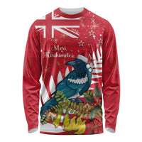 New Zealand Christmas In July Long Sleeve Shirt Tui Bird With Kowhai Meri Kirihimete LT14 Unisex Red - Polynesian Pride