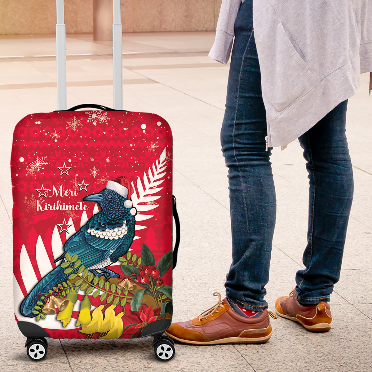 New Zealand Christmas In July Luggage Cover Tui Bird With Kowhai Meri Kirihimete LT14 Red - Polynesian Pride