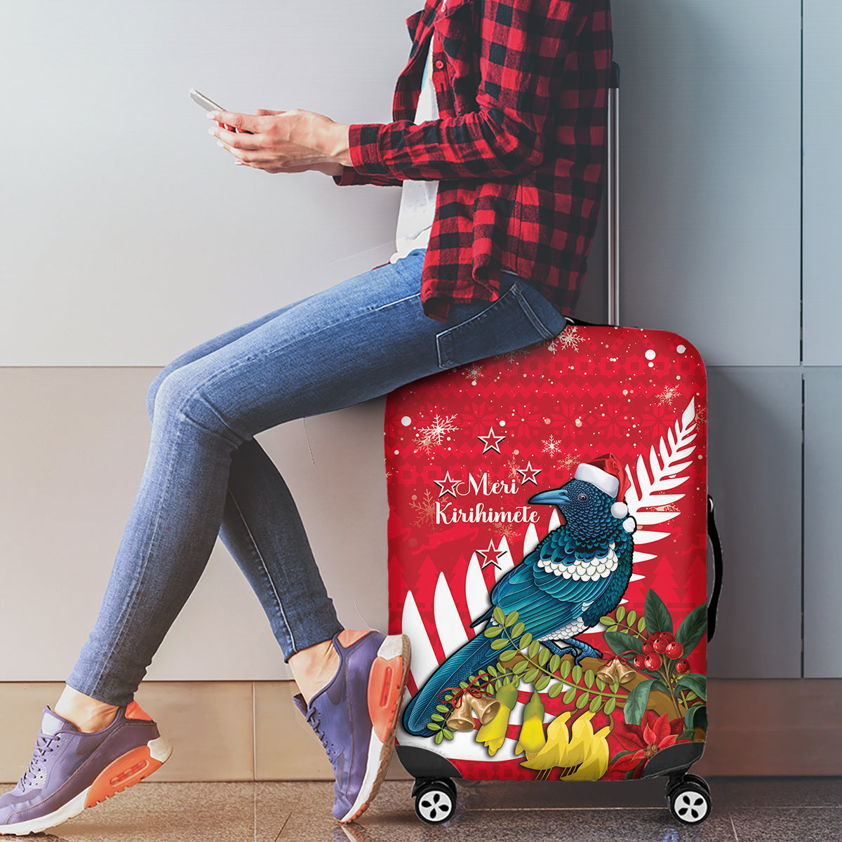 New Zealand Christmas In July Luggage Cover Tui Bird With Kowhai Meri Kirihimete LT14 - Polynesian Pride