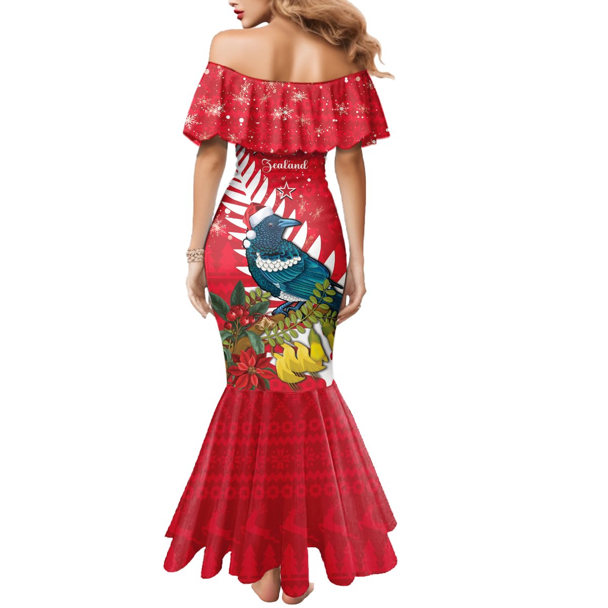 New Zealand Christmas In July Mermaid Dress Tui Bird With Kowhai Meri Kirihimete LT14 - Polynesian Pride
