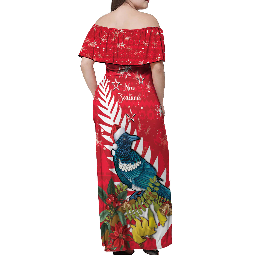 New Zealand Christmas In July Off Shoulder Maxi Dress Tui Bird With Kowhai Meri Kirihimete LT14 - Polynesian Pride