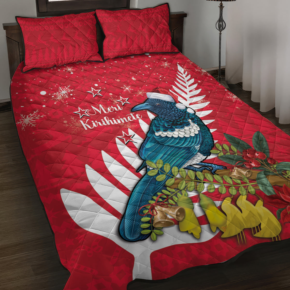New Zealand Christmas In July Quilt Bed Set Tui Bird With Kowhai Meri Kirihimete LT14 Red - Polynesian Pride