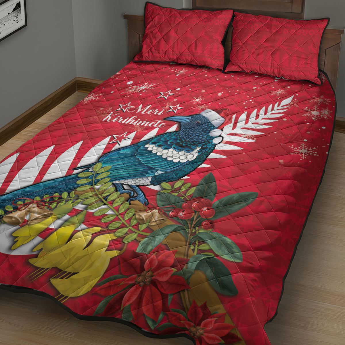 New Zealand Christmas In July Quilt Bed Set Tui Bird With Kowhai Meri Kirihimete LT14 - Polynesian Pride