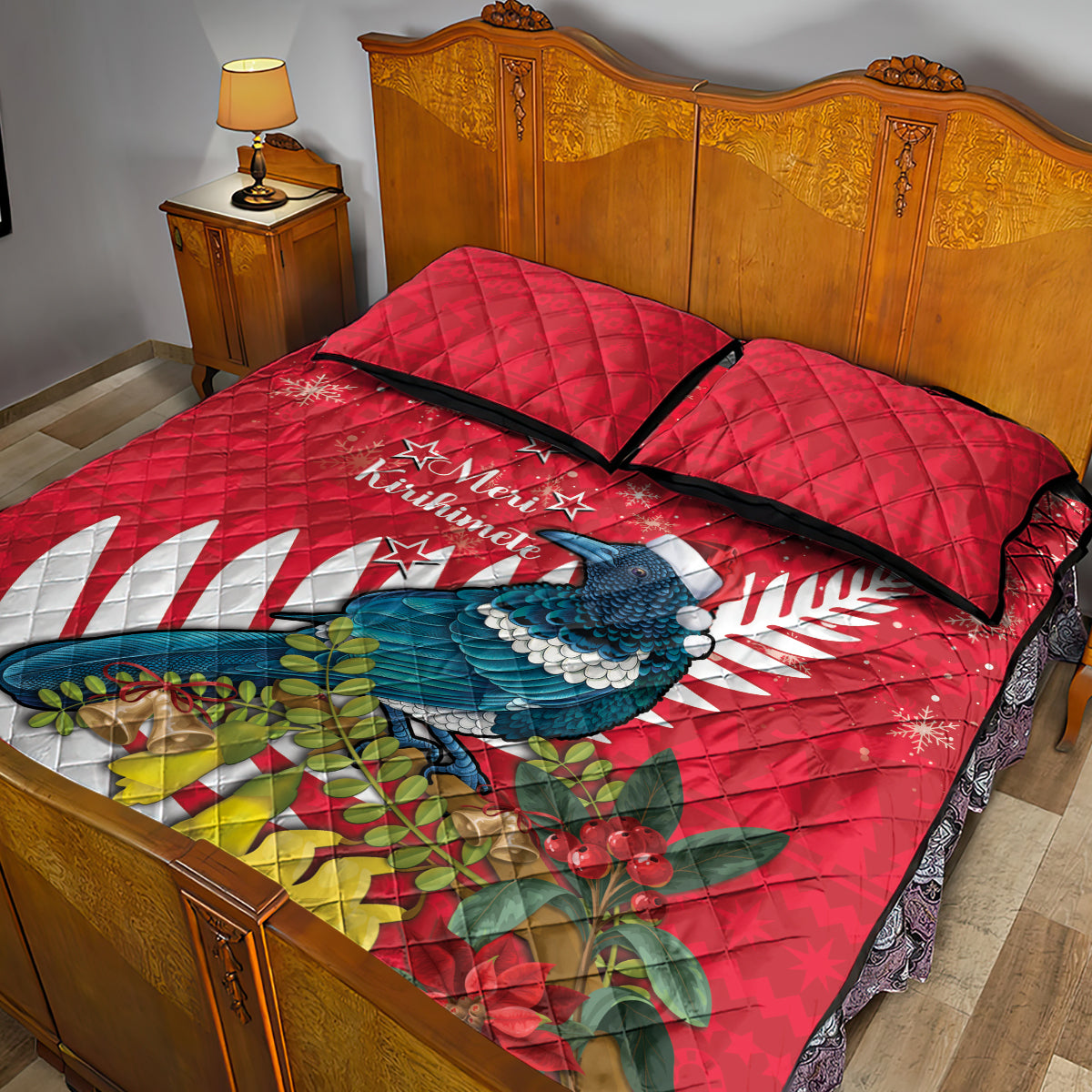 New Zealand Christmas In July Quilt Bed Set Tui Bird With Kowhai Meri Kirihimete LT14 - Polynesian Pride