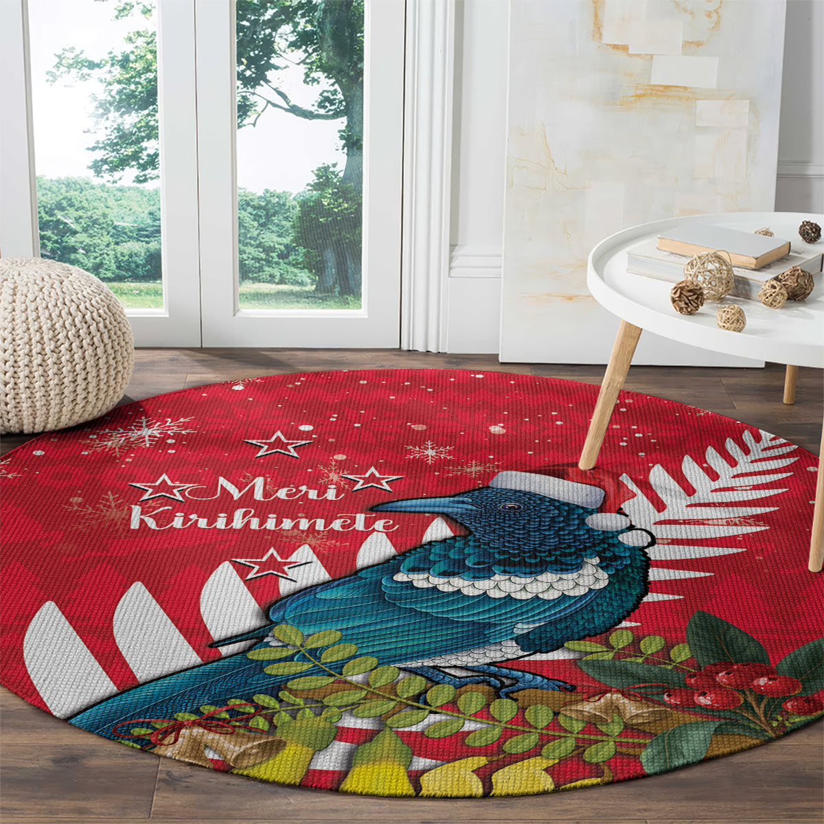 New Zealand Christmas In July Round Carpet Tui Bird With Kowhai Meri Kirihimete LT14 - Polynesian Pride