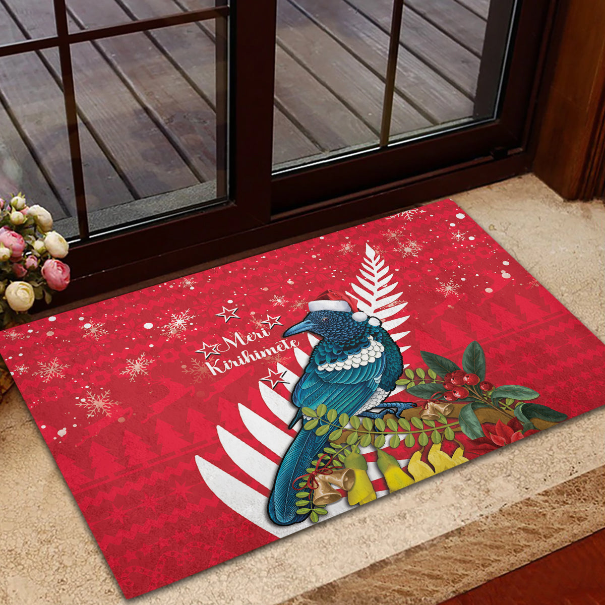 New Zealand Christmas In July Rubber Doormat Tui Bird With Kowhai Meri Kirihimete LT14 - Polynesian Pride