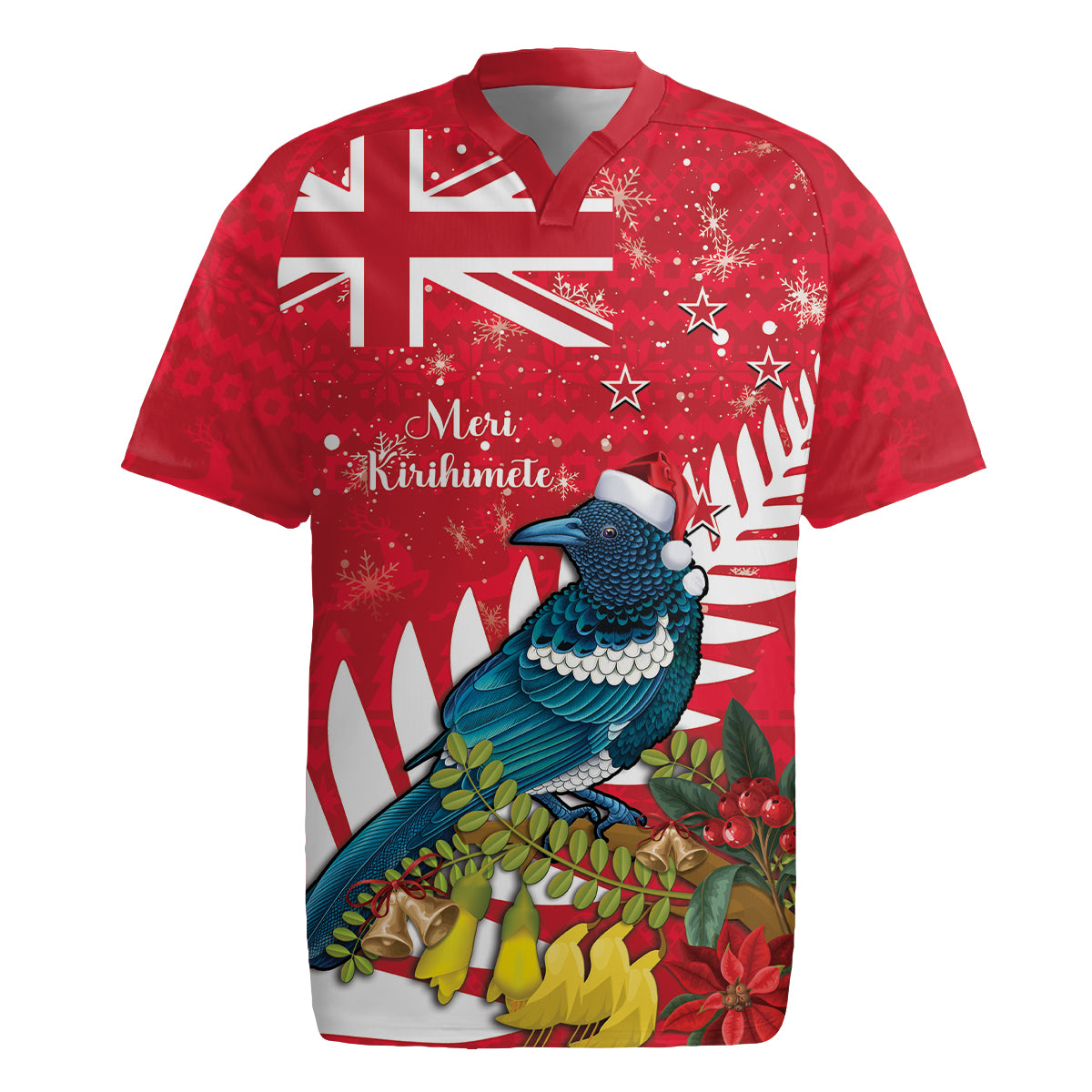 New Zealand Christmas In July Rugby Jersey Tui Bird With Kowhai Meri Kirihimete LT14 Red - Polynesian Pride