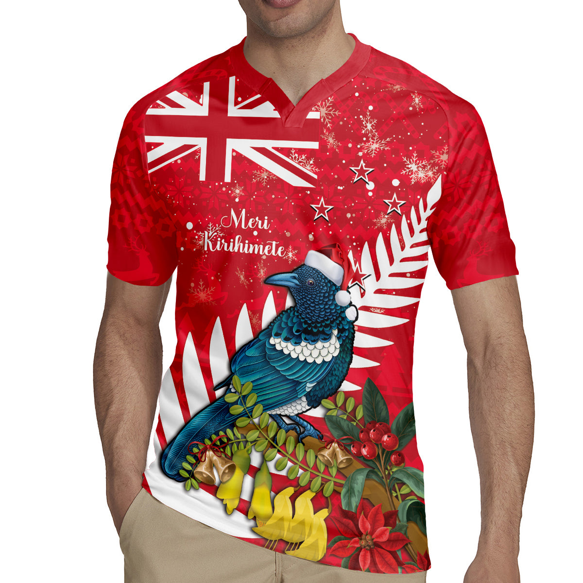 New Zealand Christmas In July Rugby Jersey Tui Bird With Kowhai Meri Kirihimete LT14 - Polynesian Pride