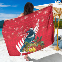 New Zealand Christmas In July Sarong Tui Bird With Kowhai Meri Kirihimete LT14 One Size 44 x 66 inches Red - Polynesian Pride