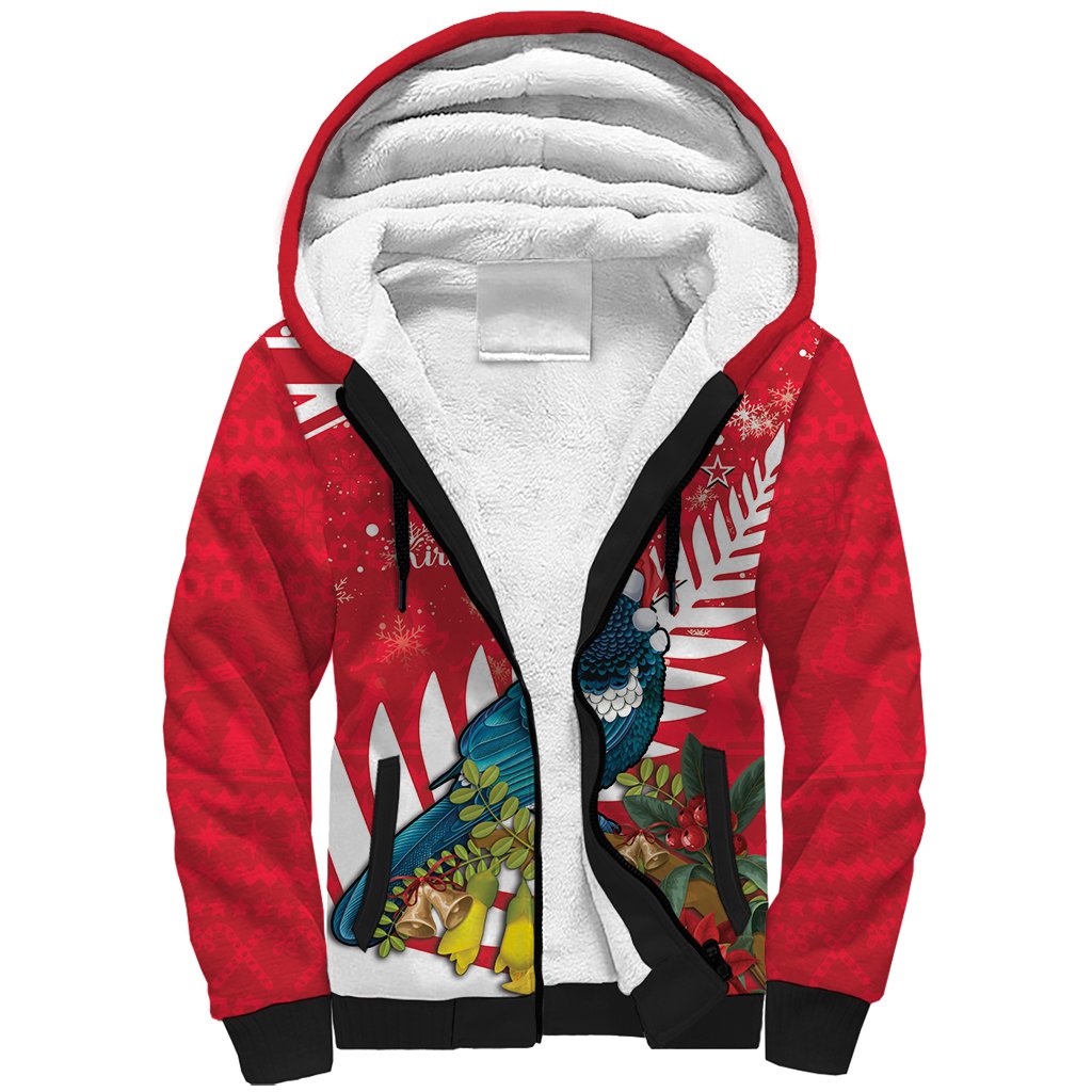 New Zealand Christmas In July Sherpa Hoodie Tui Bird With Kowhai Meri Kirihimete LT14 Unisex Red - Polynesian Pride