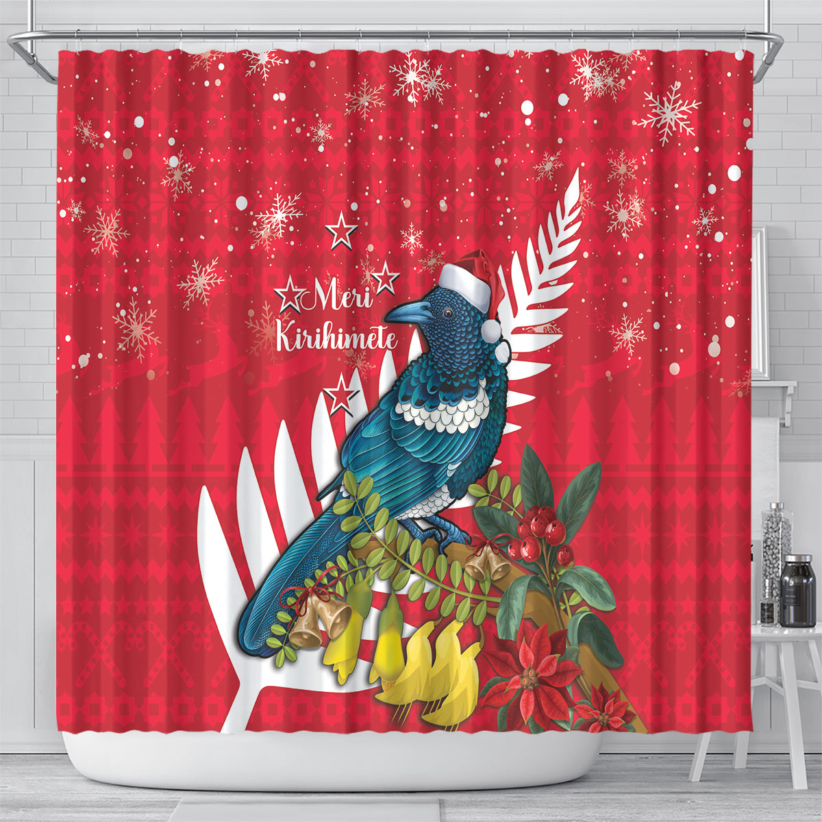New Zealand Christmas In July Shower Curtain Tui Bird With Kowhai Meri Kirihimete LT14 - Polynesian Pride