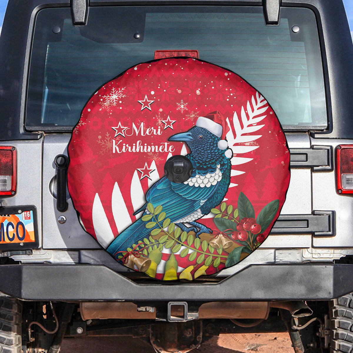 New Zealand Christmas In July Spare Tire Cover Tui Bird With Kowhai Meri Kirihimete LT14 Red - Polynesian Pride