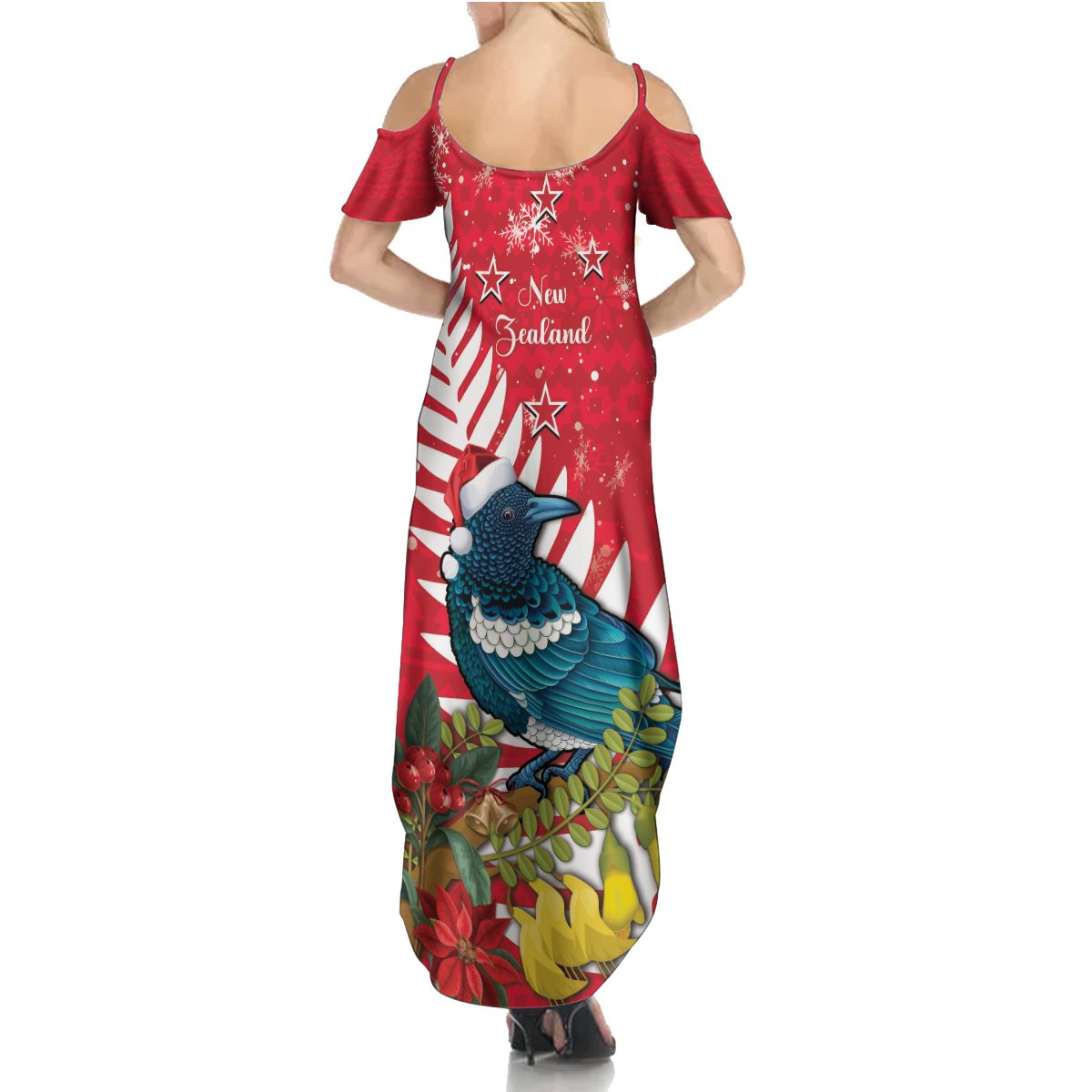 New Zealand Christmas In July Summer Maxi Dress Tui Bird With Kowhai Meri Kirihimete LT14 - Polynesian Pride