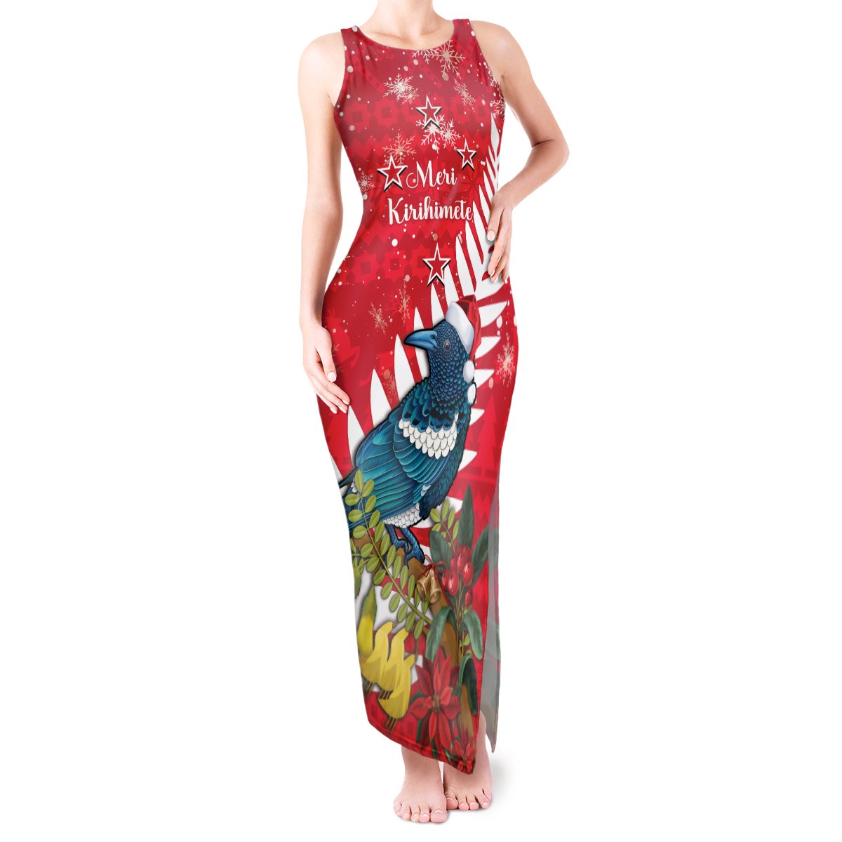 New Zealand Christmas In July Tank Maxi Dress Tui Bird With Kowhai Meri Kirihimete LT14 Women Red - Polynesian Pride