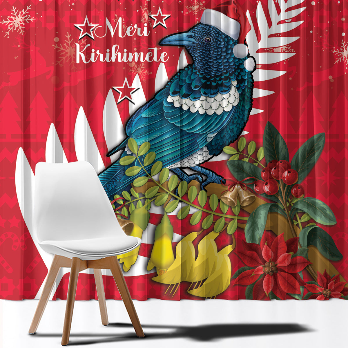 New Zealand Christmas In July Window Curtain Tui Bird With Kowhai Meri Kirihimete LT14 - Polynesian Pride