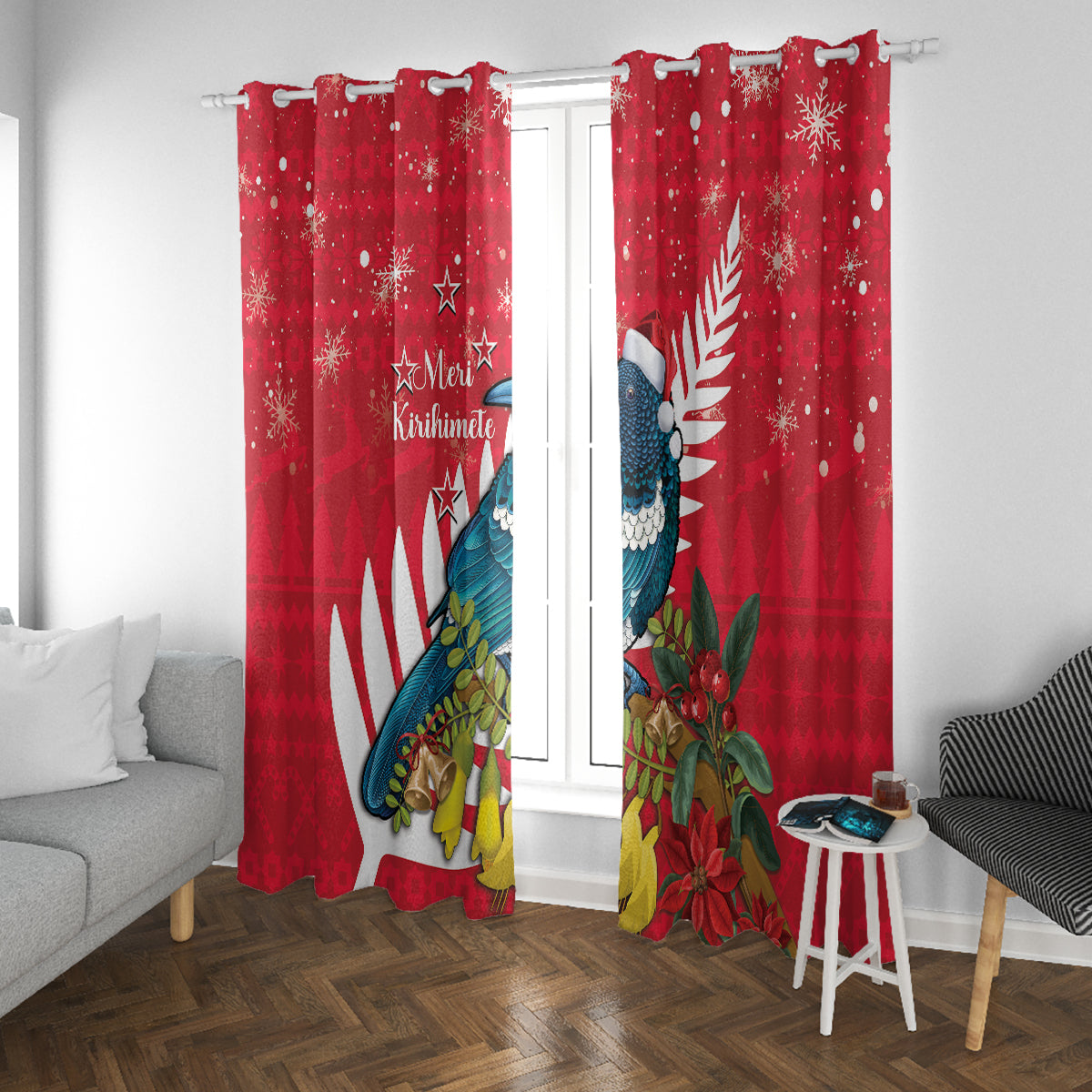 New Zealand Christmas In July Window Curtain Tui Bird With Kowhai Meri Kirihimete LT14 With Grommets Red - Polynesian Pride