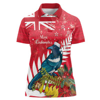 New Zealand Christmas In July Women Polo Shirt Tui Bird With Kowhai Meri Kirihimete LT14 Female Red - Polynesian Pride
