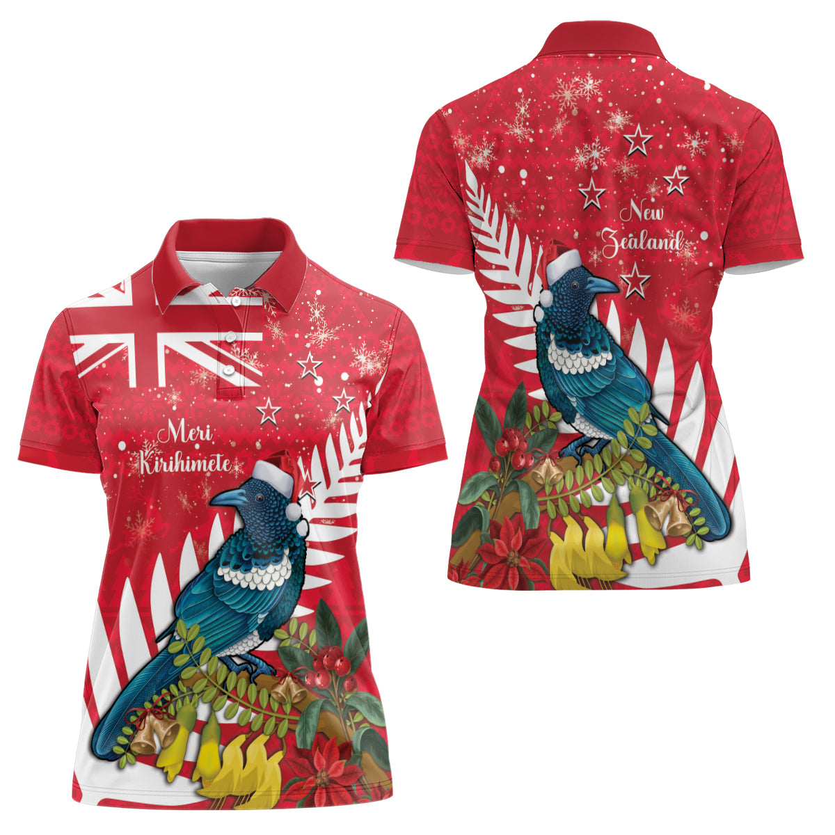New Zealand Christmas In July Women Polo Shirt Tui Bird With Kowhai Meri Kirihimete LT14 - Polynesian Pride
