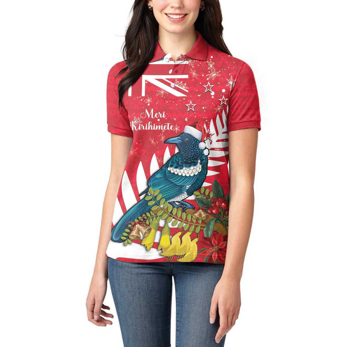 New Zealand Christmas In July Women Polo Shirt Tui Bird With Kowhai Meri Kirihimete LT14 - Polynesian Pride
