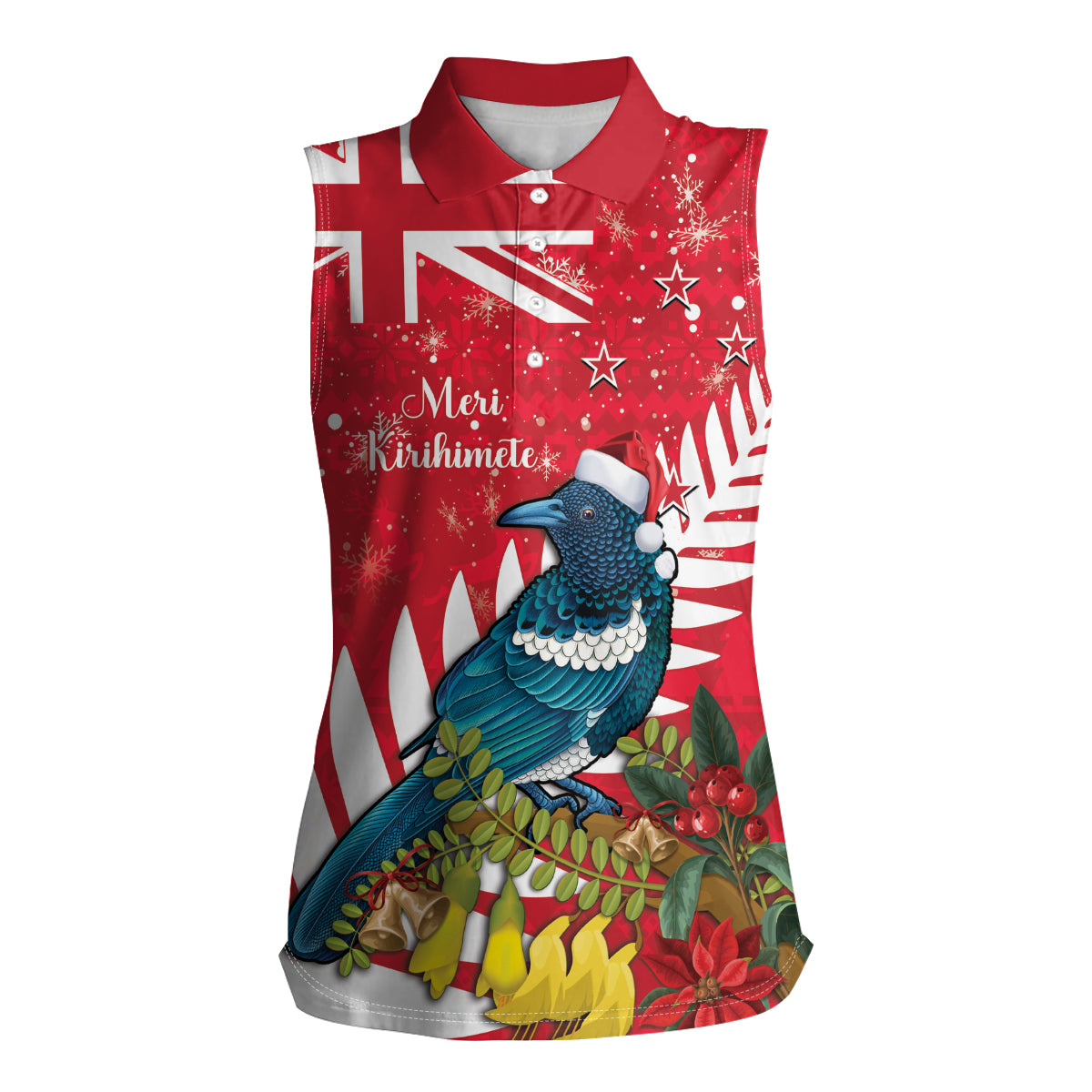 New Zealand Christmas In July Women Sleeveless Polo Shirt Tui Bird With Kowhai Meri Kirihimete LT14 Female Red - Polynesian Pride