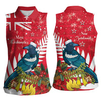 New Zealand Christmas In July Women Sleeveless Polo Shirt Tui Bird With Kowhai Meri Kirihimete LT14 - Polynesian Pride