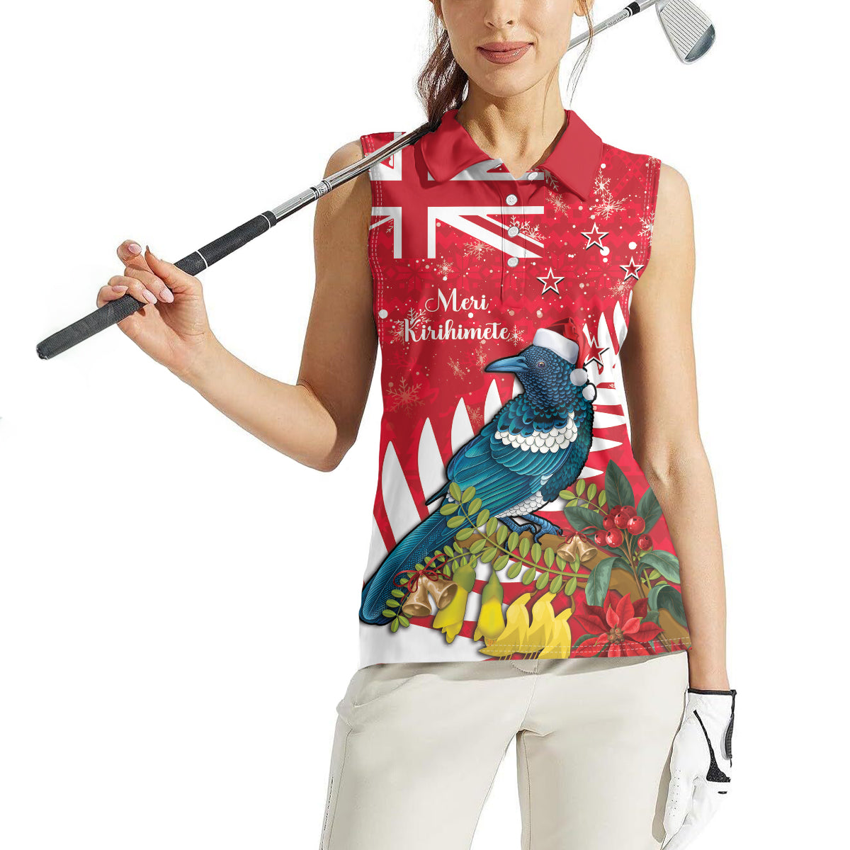 New Zealand Christmas In July Women Sleeveless Polo Shirt Tui Bird With Kowhai Meri Kirihimete LT14 - Polynesian Pride