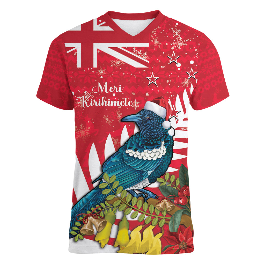 New Zealand Christmas In July Women V-Neck T-Shirt Tui Bird With Kowhai Meri Kirihimete