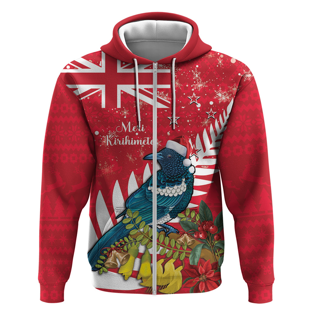 New Zealand Christmas In July Zip Hoodie Tui Bird With Kowhai Meri Kirihimete LT14 Zip Hoodie Red - Polynesian Pride