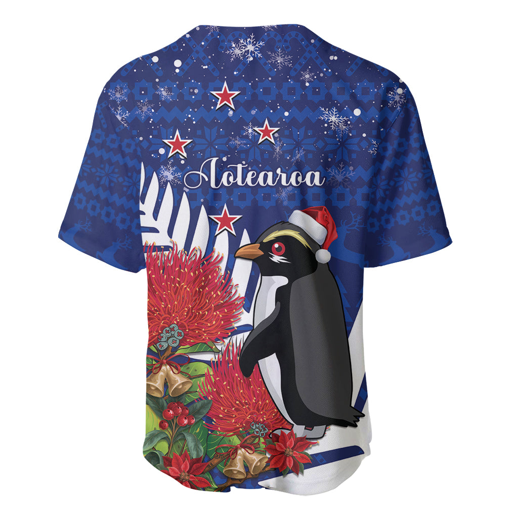 New Zealand Christmas In July Baseball Jersey Fiordland Penguin With Pohutukawa Flower LT14 - Polynesian Pride