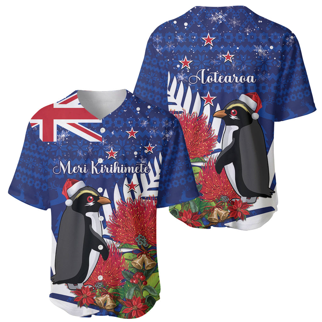 New Zealand Christmas In July Baseball Jersey Fiordland Penguin With Pohutukawa Flower LT14 - Polynesian Pride