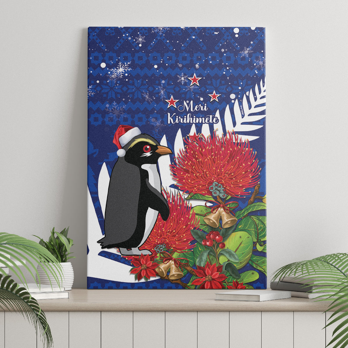 New Zealand Christmas In July Canvas Wall Art Fiordland Penguin With Pohutukawa Flower LT14 - Polynesian Pride
