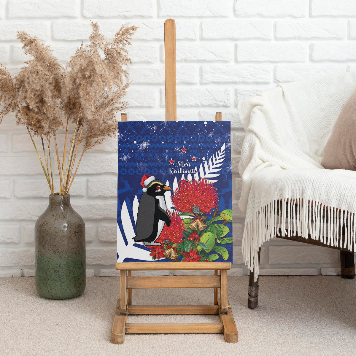 New Zealand Christmas In July Canvas Wall Art Fiordland Penguin With Pohutukawa Flower LT14 - Polynesian Pride