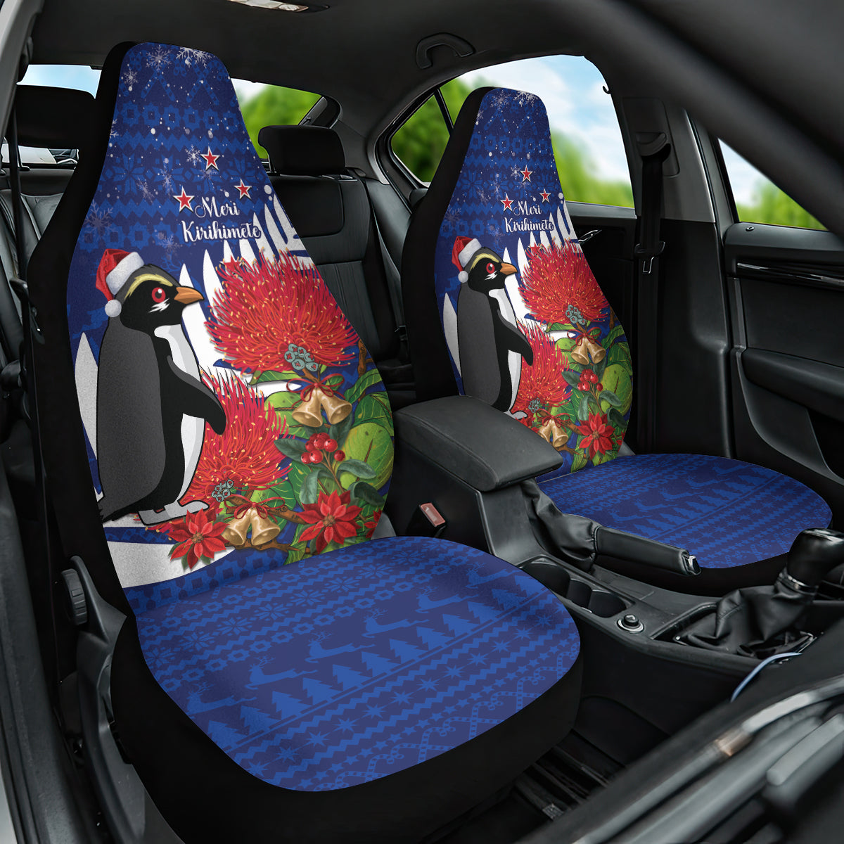 New Zealand Christmas In July Car Seat Cover Fiordland Penguin With Pohutukawa Flower LT14 One Size Blue - Polynesian Pride
