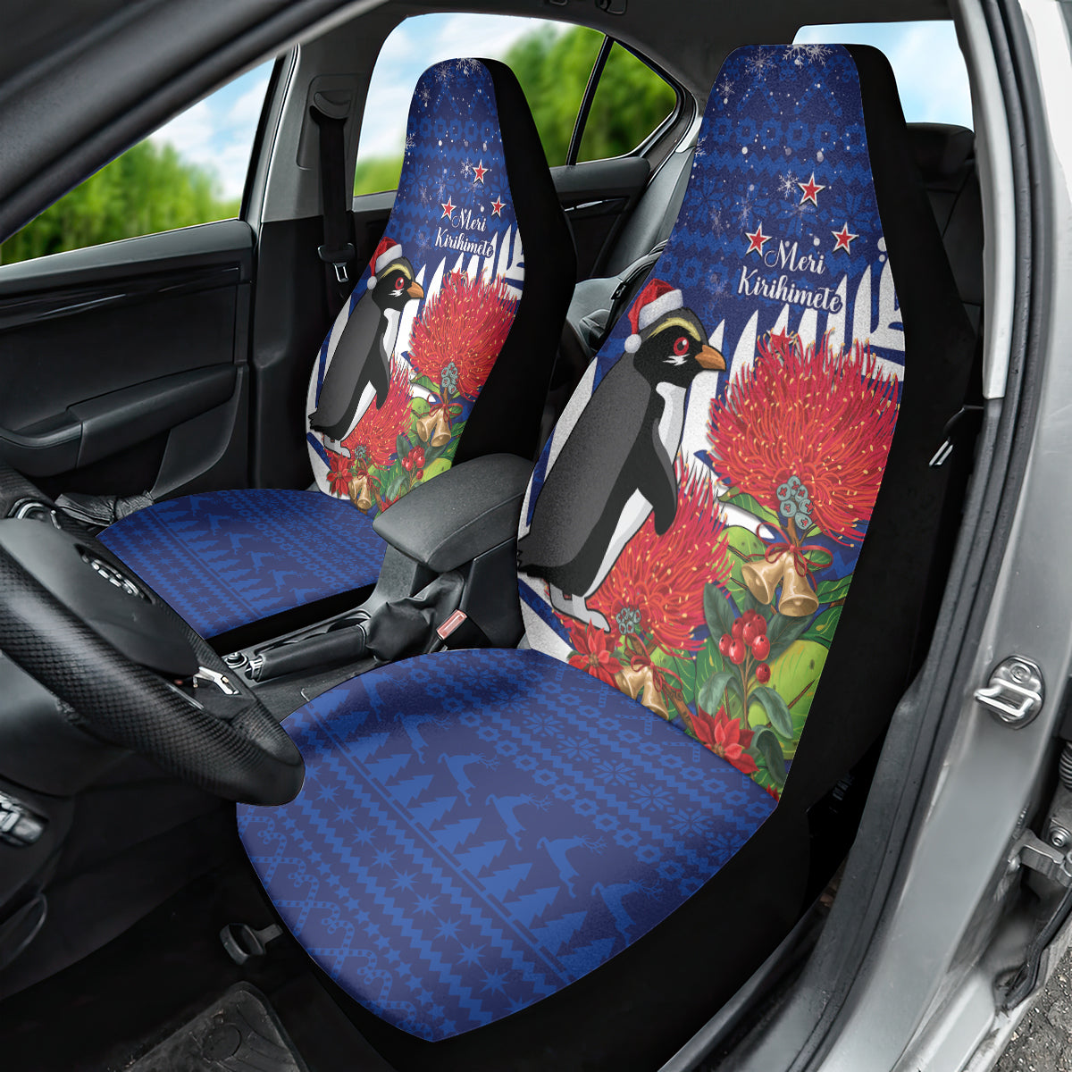 New Zealand Christmas In July Car Seat Cover Fiordland Penguin With Pohutukawa Flower LT14 - Polynesian Pride