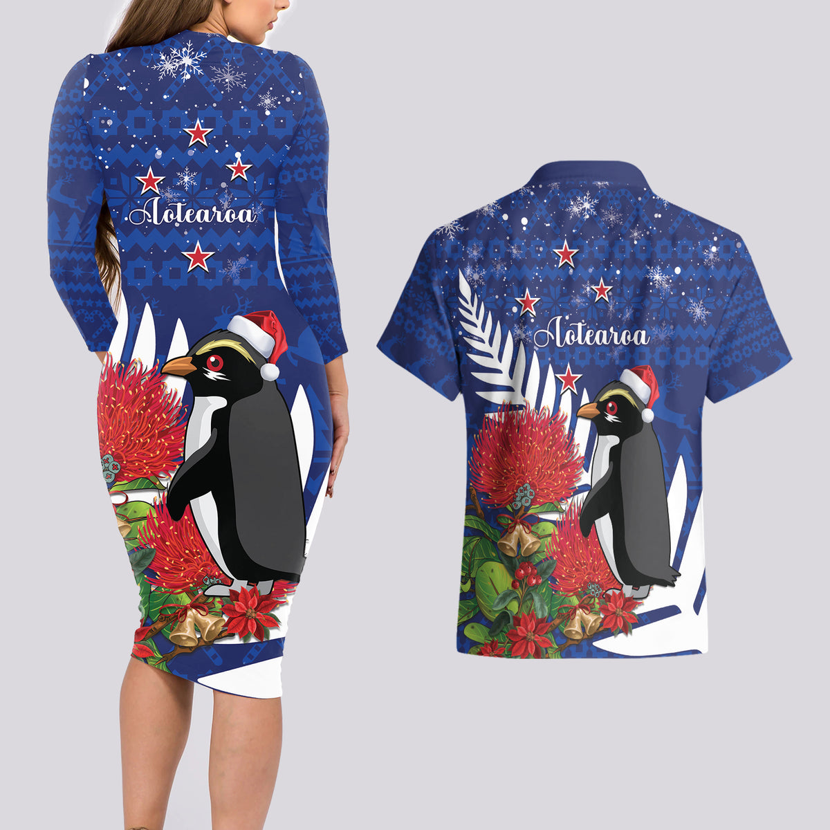New Zealand Christmas In July Couples Matching Long Sleeve Bodycon Dress and Hawaiian Shirt Fiordland Penguin With Pohutukawa Flower LT14 - Polynesian Pride