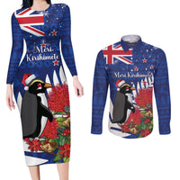New Zealand Christmas In July Couples Matching Long Sleeve Bodycon Dress and Long Sleeve Button Shirt Fiordland Penguin With Pohutukawa Flower LT14 Blue - Polynesian Pride
