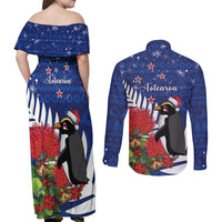 New Zealand Christmas In July Couples Matching Off Shoulder Maxi Dress and Long Sleeve Button Shirt Fiordland Penguin With Pohutukawa Flower LT14 - Polynesian Pride