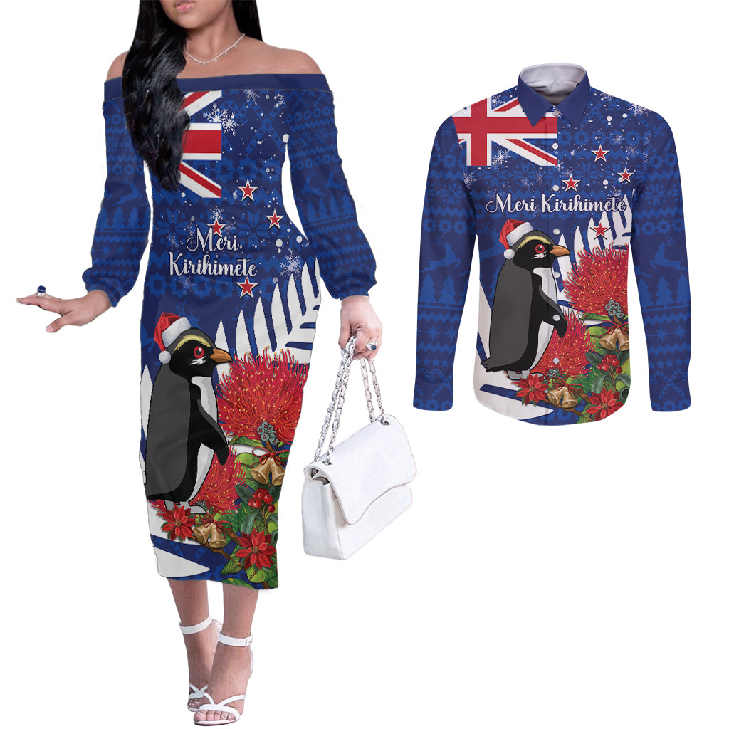 New Zealand Christmas In July Couples Matching Off The Shoulder Long Sleeve Dress and Long Sleeve Button Shirt Fiordland Penguin With Pohutukawa Flower LT14 Blue - Polynesian Pride